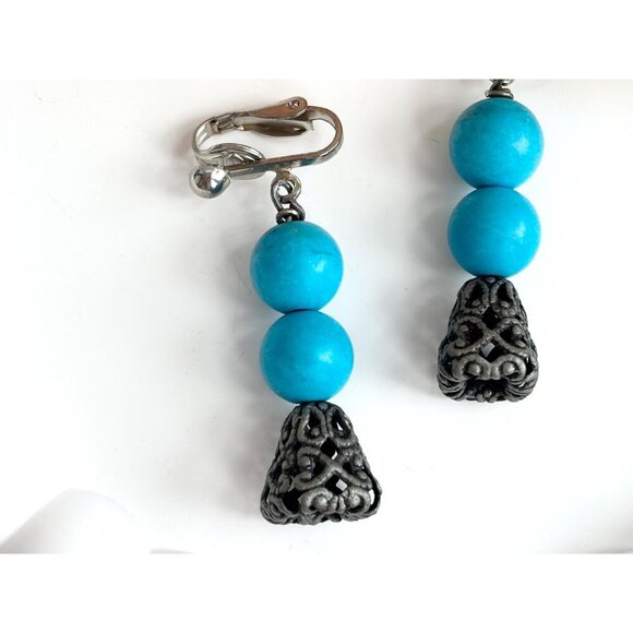 Southwest Style Faux Turquoise Silver Toned Vintage Dangle Clip On Earrings - Picture 2 of 7